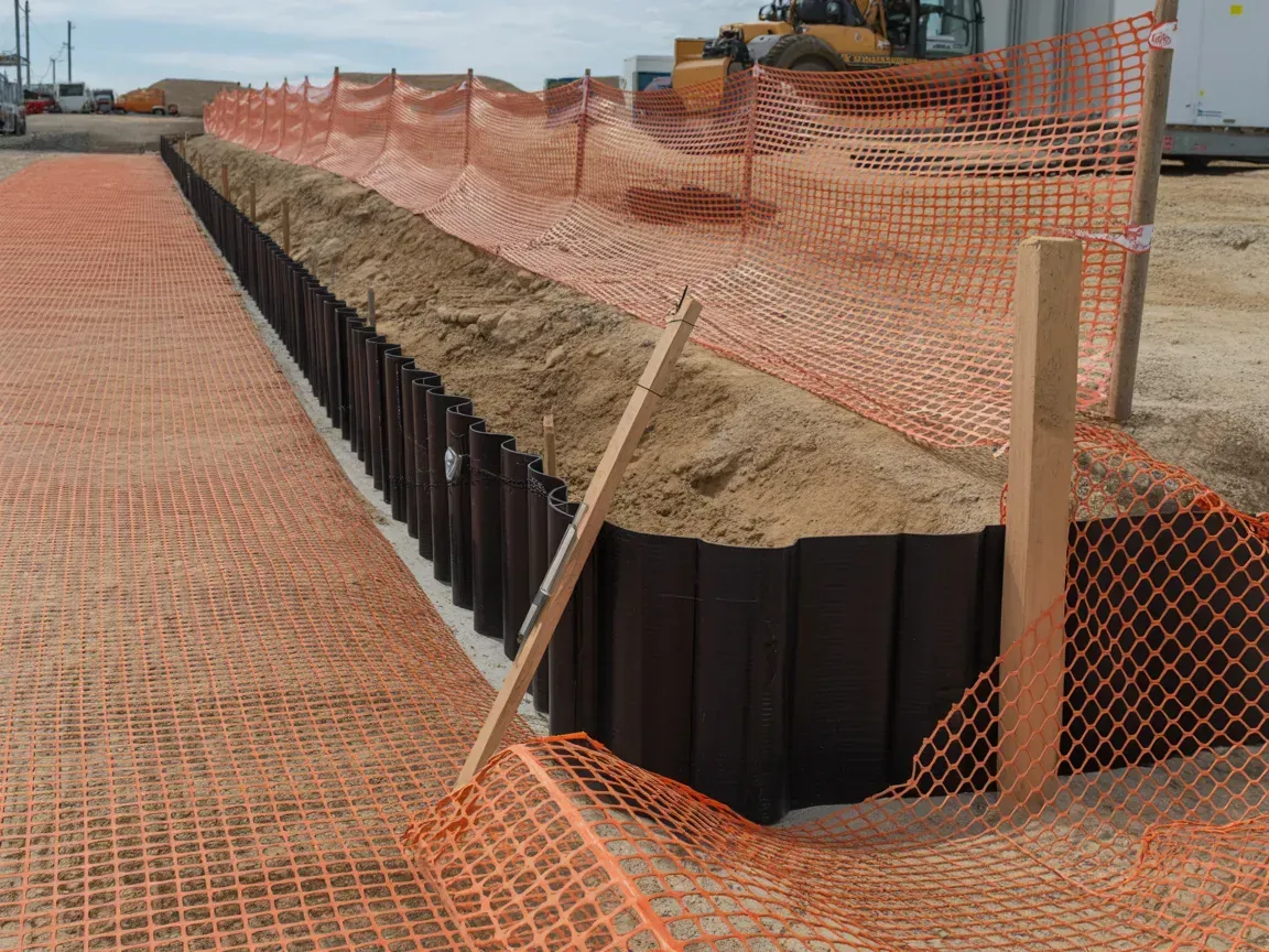 Orange safety fencing around a deep trench beside a dirt construction site