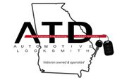 Logo: "ATD" over Georgia outline, "Automotive Locksmith," key fob and key illustration, "Veteran owned & operated."