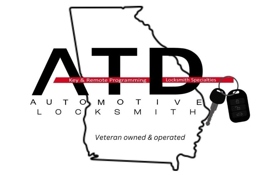 Logo: "ATD" over Georgia outline, "Automotive Locksmith," key fob and key illustration, "Veteran owned & operated."