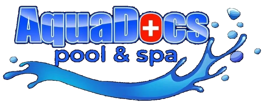 Logo for AquaDocs pool & spa featuring blue text, a red medical cross, and a large blue water splash underneath.