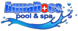 Logo for AquaDocs pool & spa featuring blue text, a red medical cross, and a large blue water splash underneath.