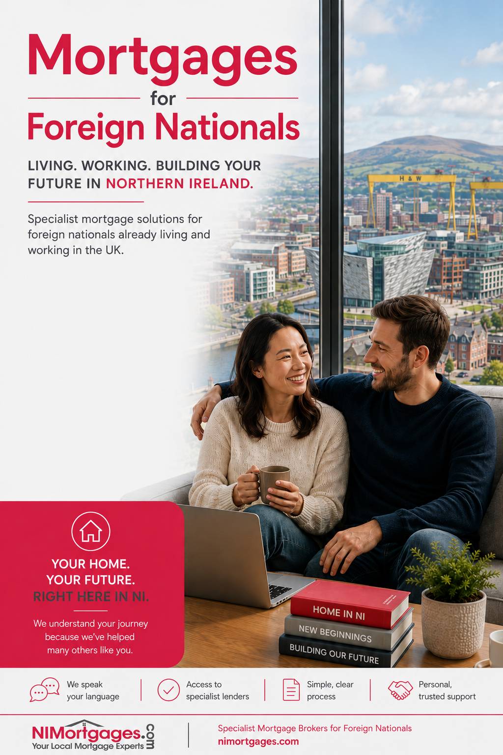 Mortgage ad for foreign nationals, with a smiling couple on a balcony over a city skyline.