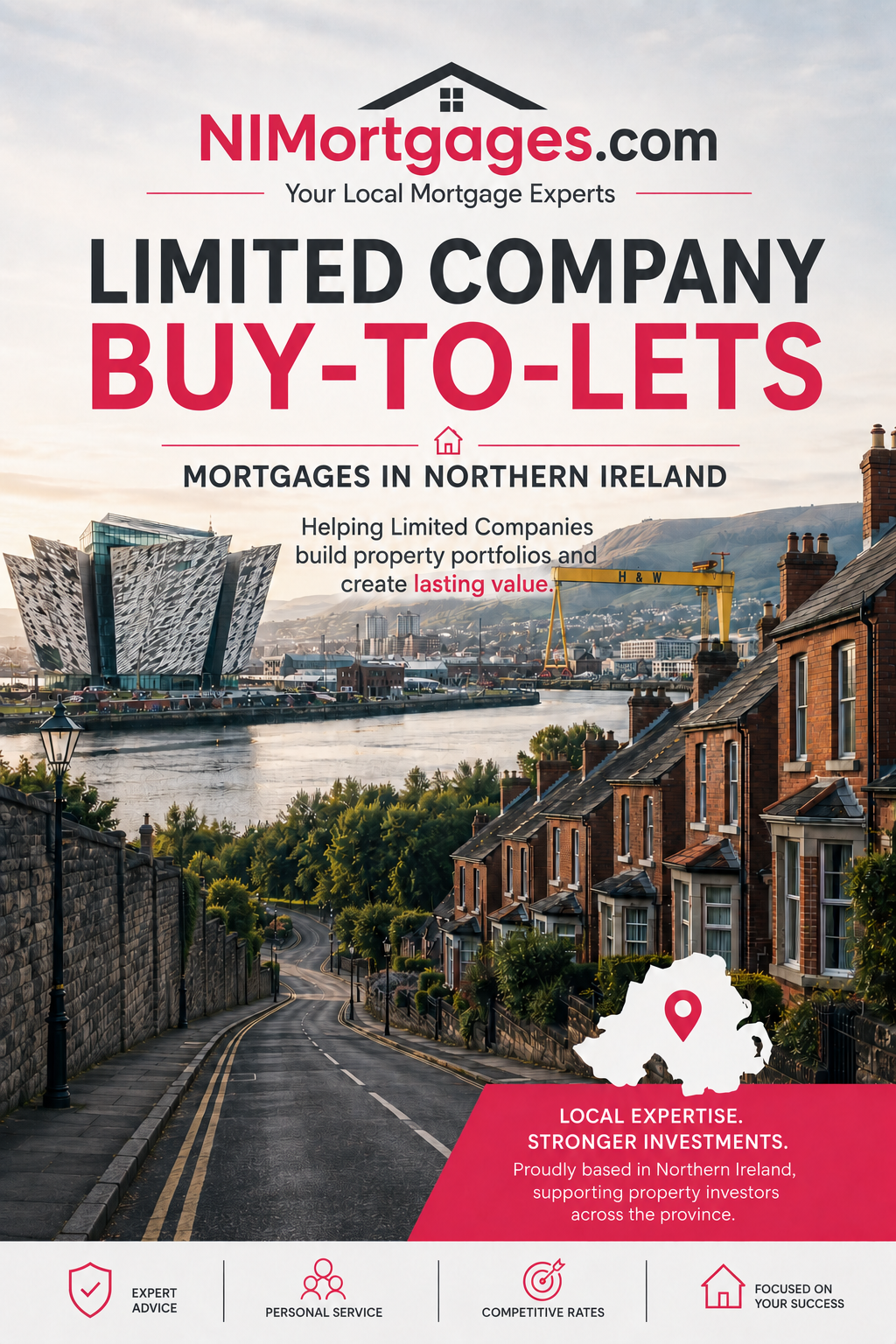 NI Mortgages poster for limited company buy-to-let mortgages in Northern Ireland, with city and bridge backdrop