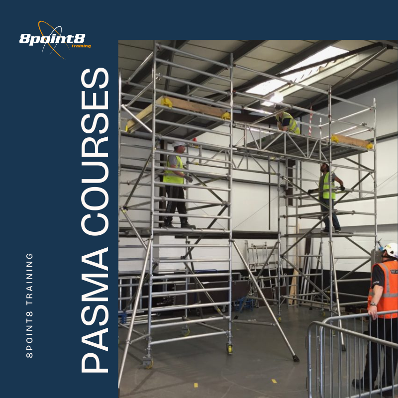 Workers on scaffolding in an indoor training space with “PASMA COURSES” signage.