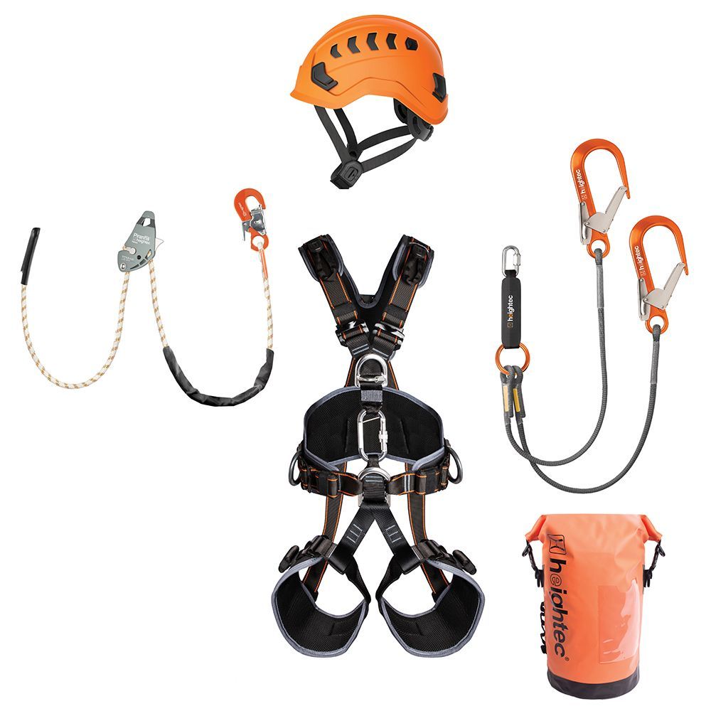 Picture of a kit containing helmet, harness, double lanyards, bag and a work positioning belt
