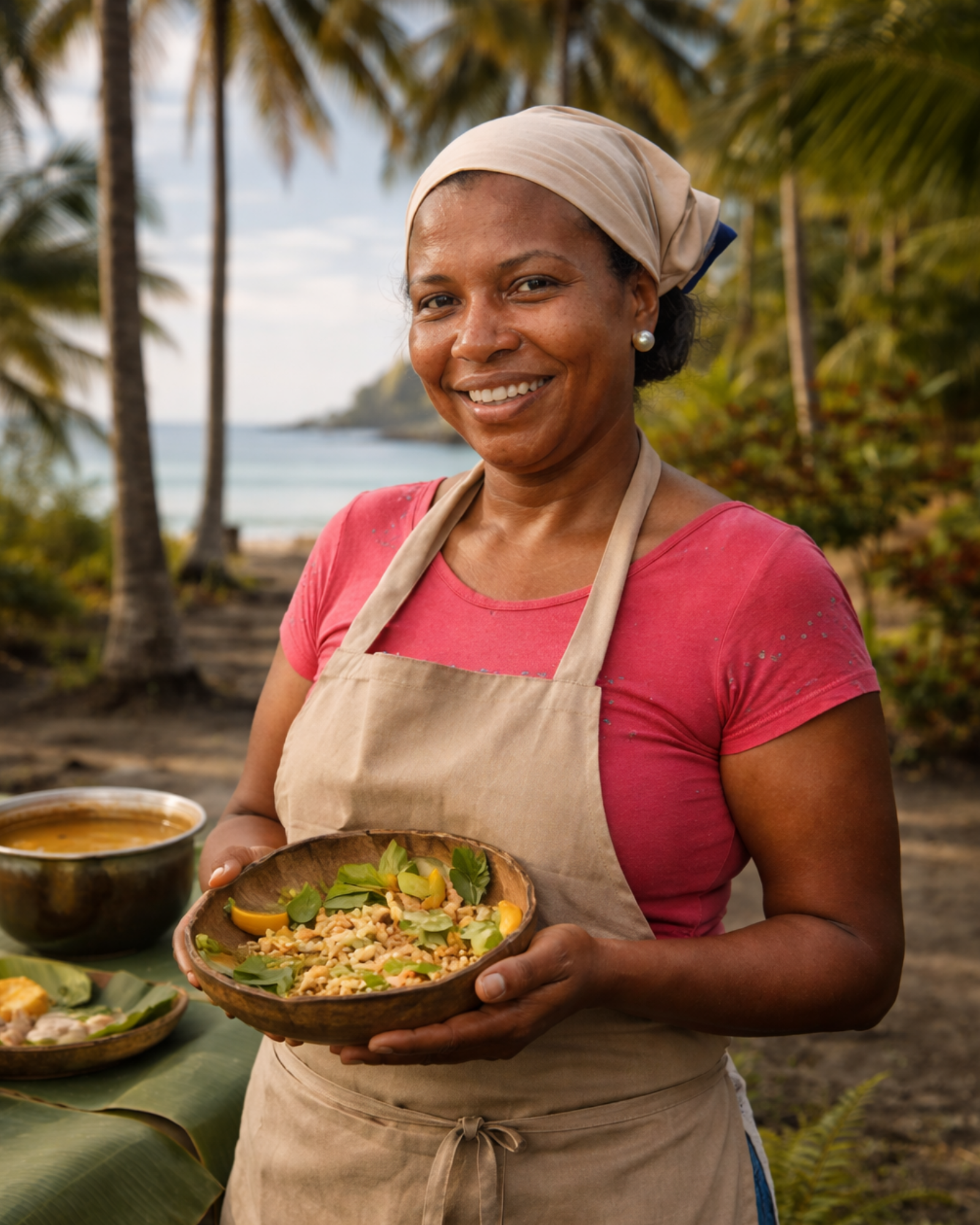 Mujer sonriendo sosteniendo un cuenco de madera con comida. Playa tropical con árboles y agua al fondo.