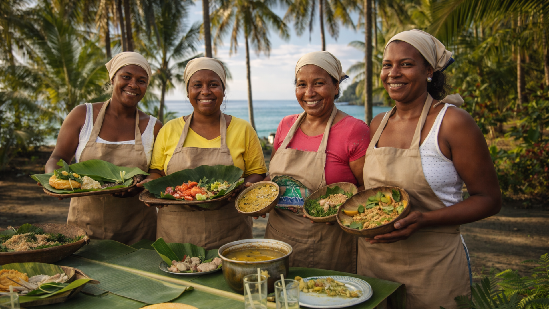 Cuatro mujeres sonrientes, con platos de comida cerca de una playa. Llevan delantales y pañuelos en la cabeza, y la comida está sobre hojas de plátano.