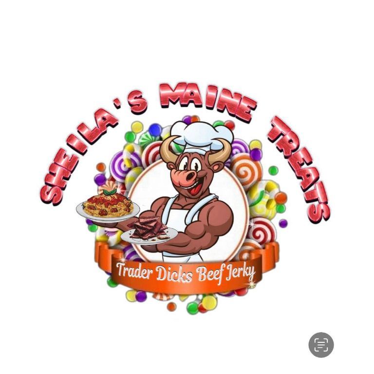 A logo for stella 's maine treats shows a bull holding a plate of food