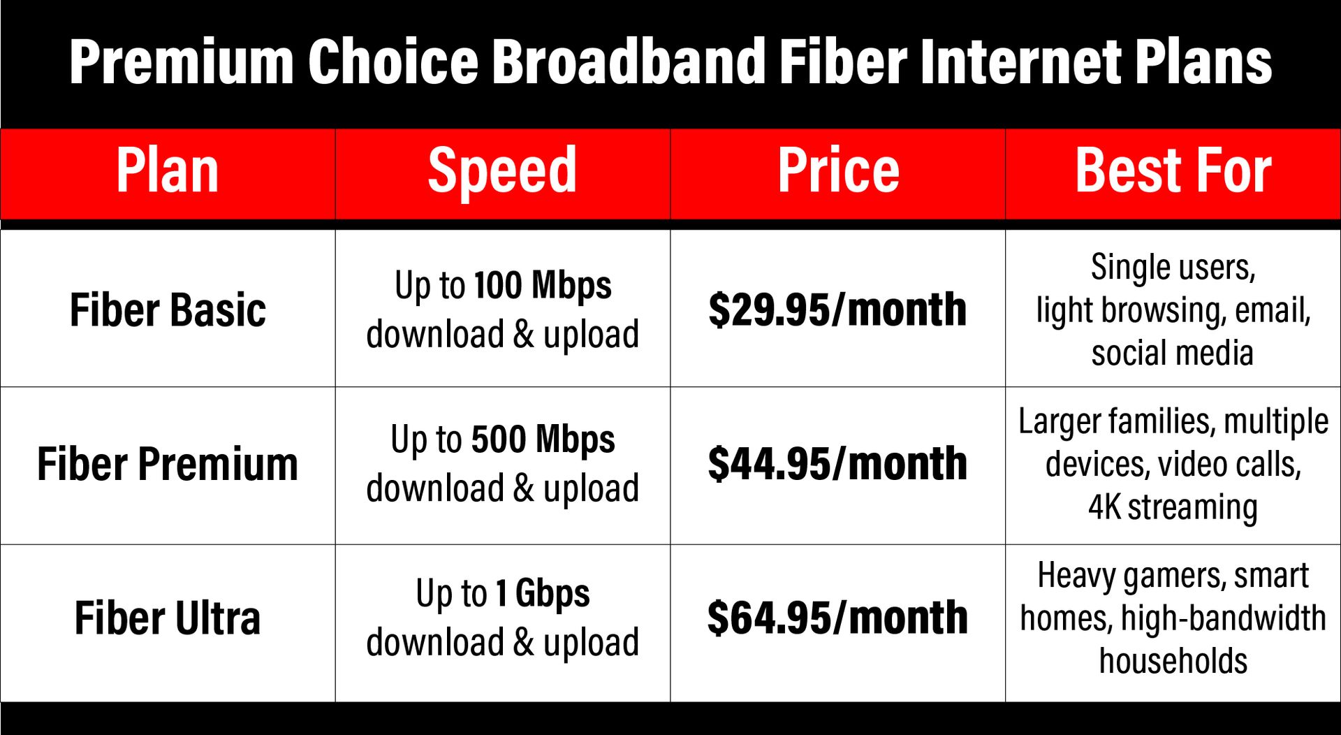 A table of premium choice broadband fiber internet plans
