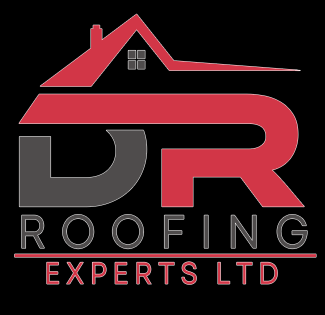 The logo for dr roofing experts ltd shows a house with a red roof.