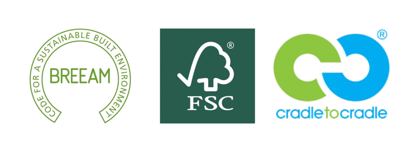 Three logos on a white background including breeam fsc and cradle to cradle