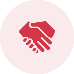A red handshake icon in a circle on a white background.
