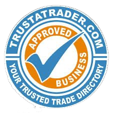 TrustATrader.com badge: Blue checkmark inside an orange circle, reads
