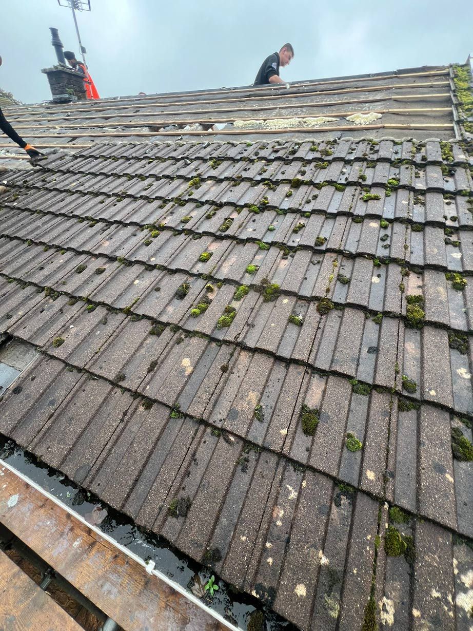 Roofers in Wimbledon stripping old, moss-covered roof tiles for replacement.