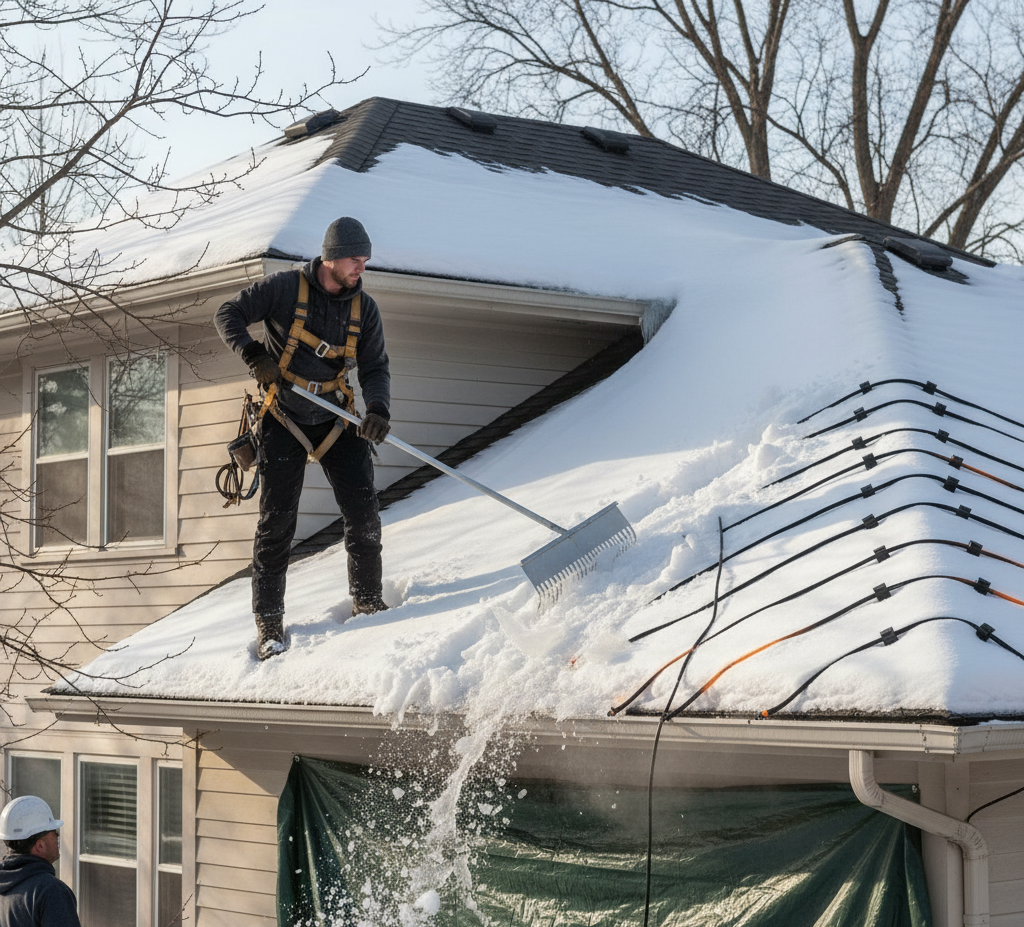 Man clearing snow from a roof with a snow rake in Woking, Surrey — light beige house under a clear blue winter sky.