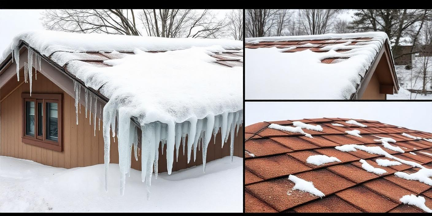 Icicles are hanging from the roof of a house.