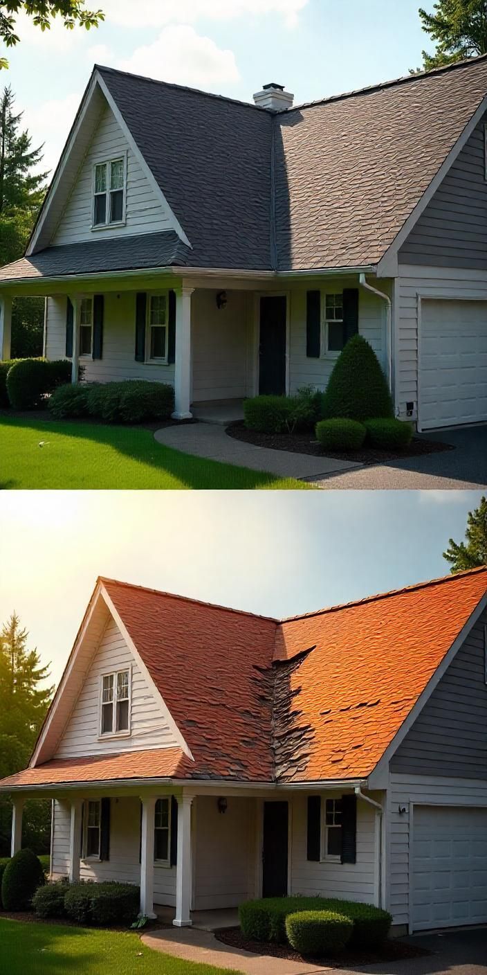 A before and after picture of a house with a new roof.
