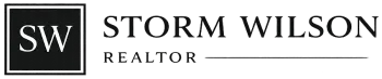 Storm Wilson Realtor logo with black square “SW” icon and text in black and gray on white background