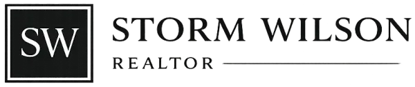Storm Wilson Realtor logo with black square “SW” icon and text in black and gray on white background