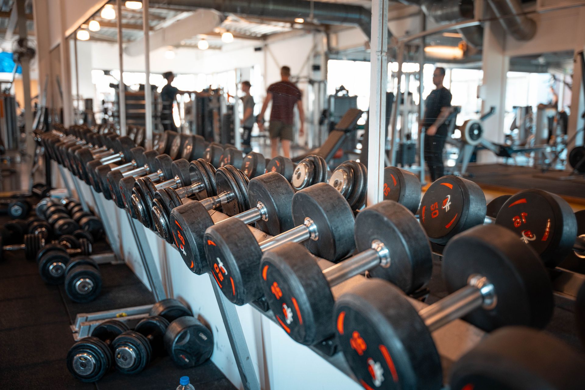In een sportschool staat een rij halters opgesteld.