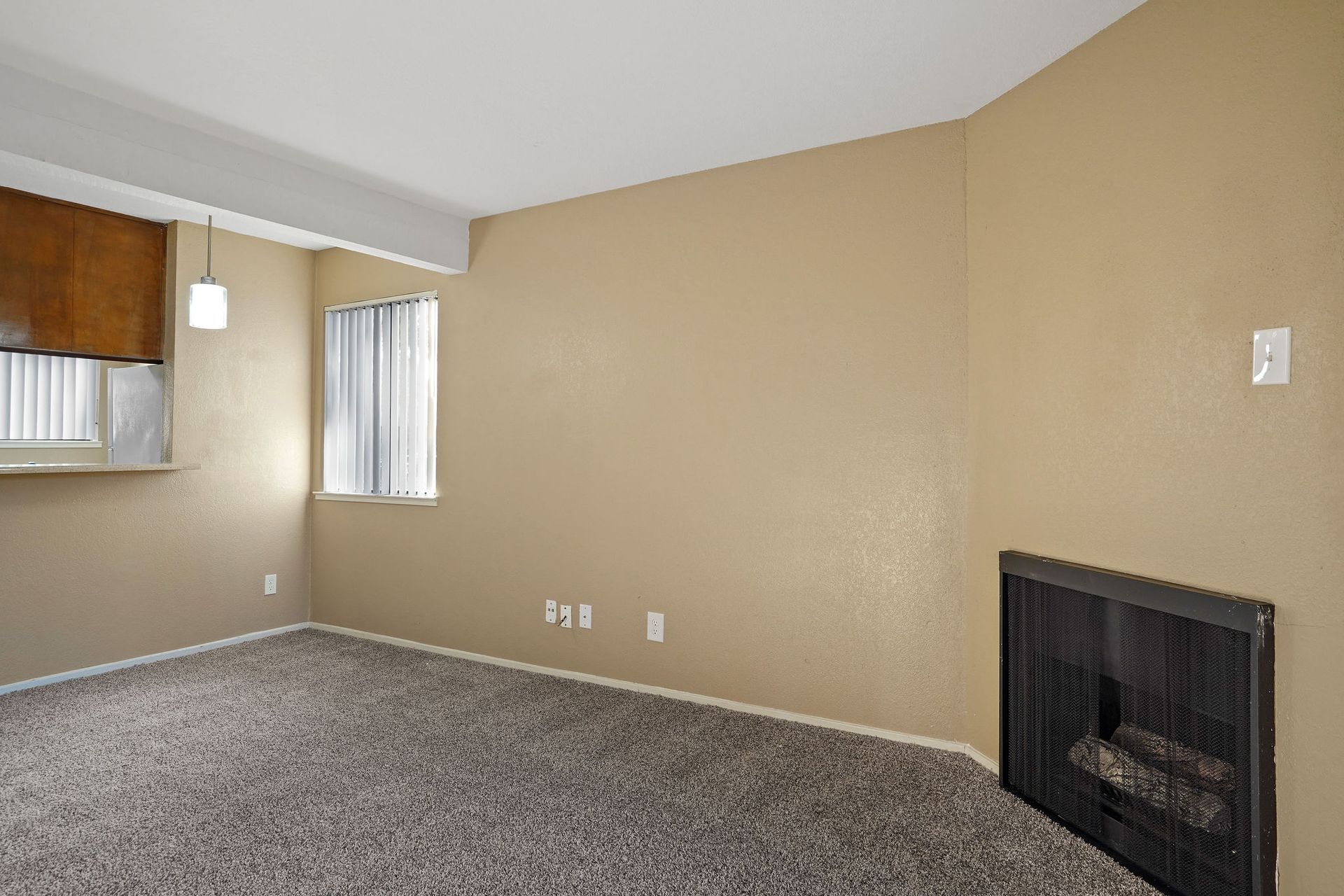 Empty beige living room with carpet, fireplace, and a small kitchen window in the corner