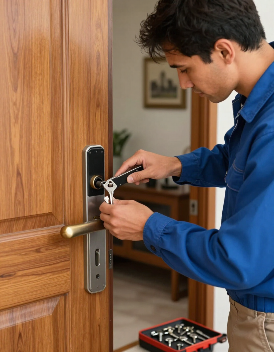 Técnico instalando una cerradura inteligente en una puerta de entrada de madera con un destornillador.
