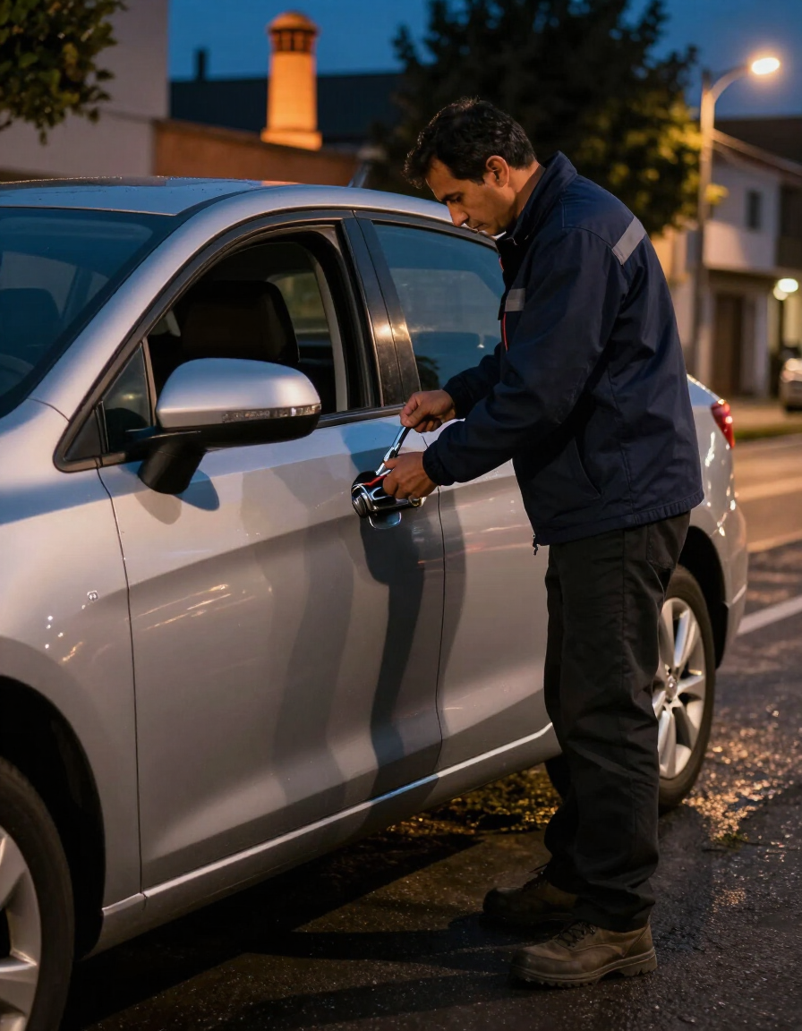 Un hombre abre la puerta de un coche plateado por la noche en una calle mojada.