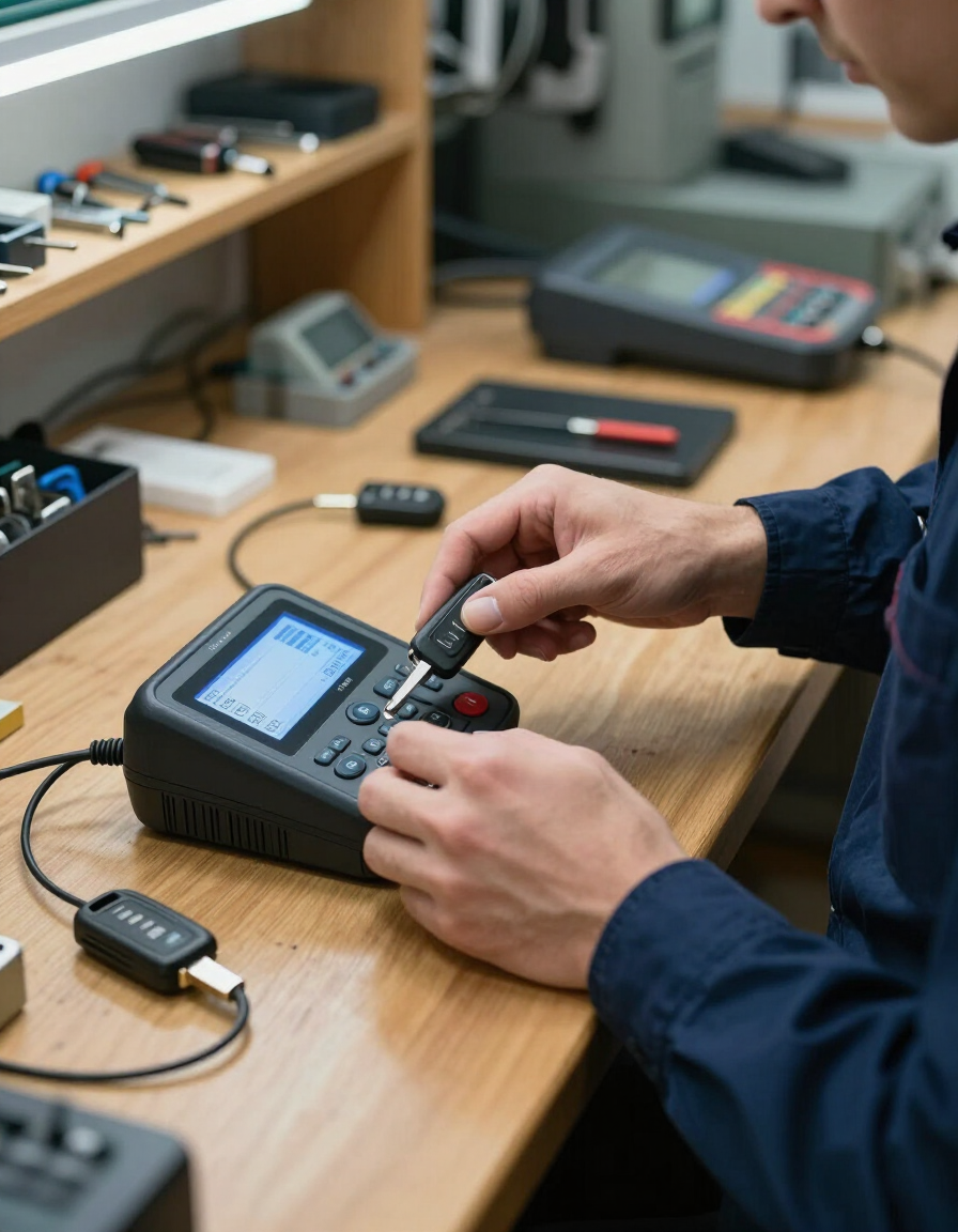 Persona que maneja un dispositivo electrónico portátil en un banco de trabajo en un laboratorio de electrónica.