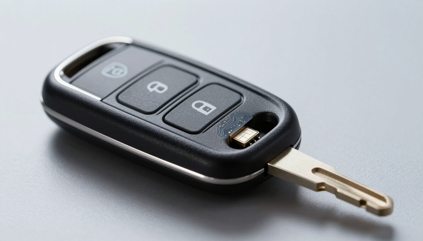 Llavero de coche negro con llave metálica alargada sobre fondo gris claro