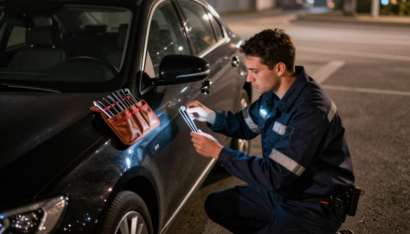 Un agente de policía examina con una linterna el panel lateral de un coche negro por la noche.