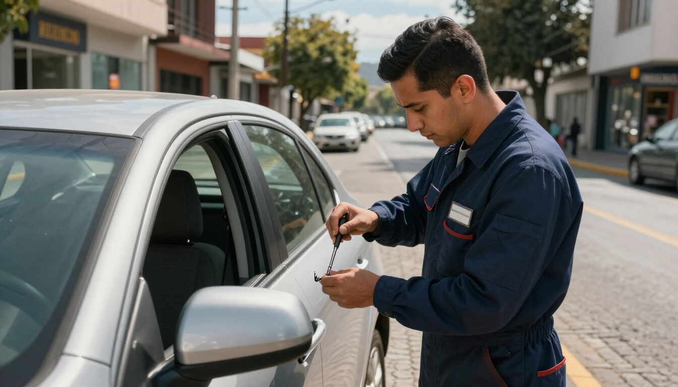 Un empleado de un estacionamiento revisa la ventanilla de un auto en la acera de la ciudad.