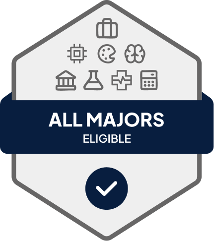 Badge with blue banner: 