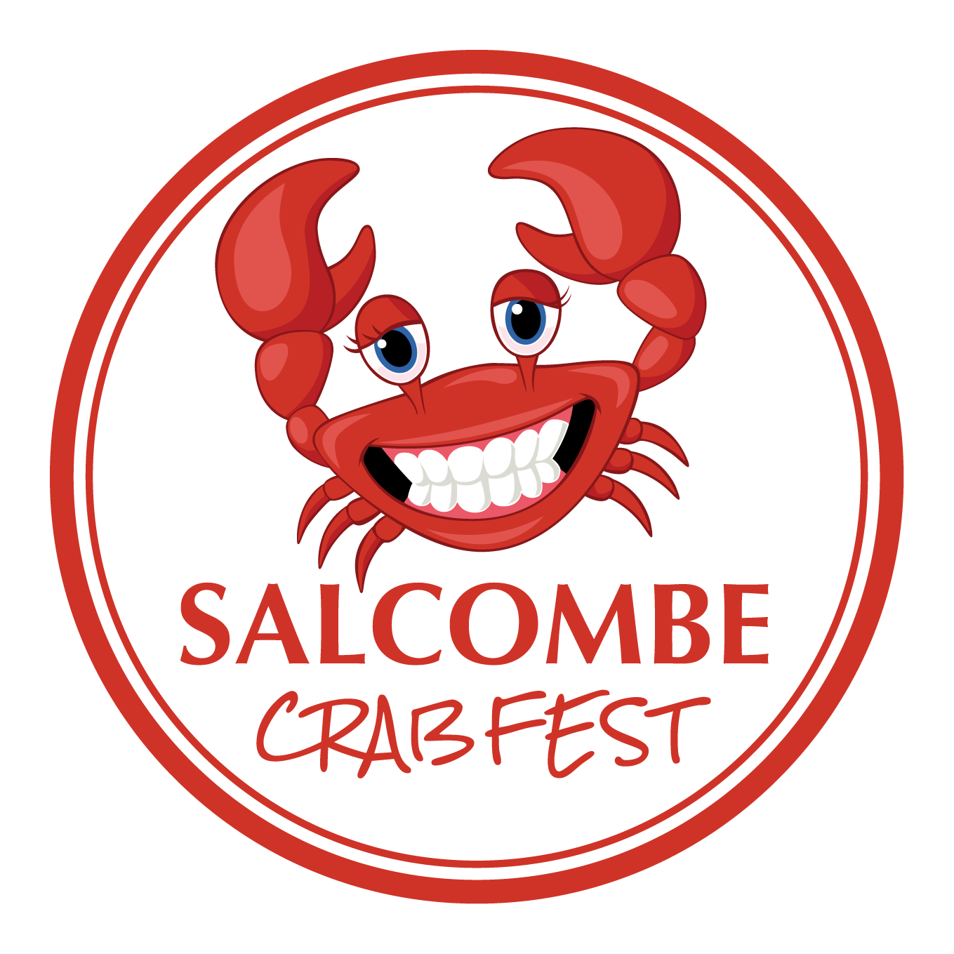 Red cartoon crab with a big smile, circle logo for 