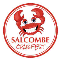 Red cartoon crab with a big smile, circle logo for