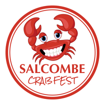 Red cartoon crab with a big smile, circle logo for
