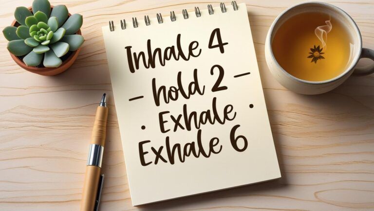 A notepad that says inhale 4 hold 2 exhale 6 next to a cup of tea.