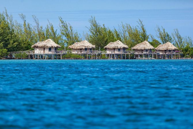 Thatched huts on a tropical shoreline behind bright blue water under a clear sky