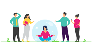 Group doing mindfulness and yoga exercises in a bright, minimalist setting