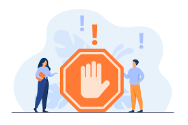 Warning sign with stop hand, exclamation marks, and two people standing beside it