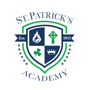 A logo for saint patrick 's academy with a shield and shamrocks on it.