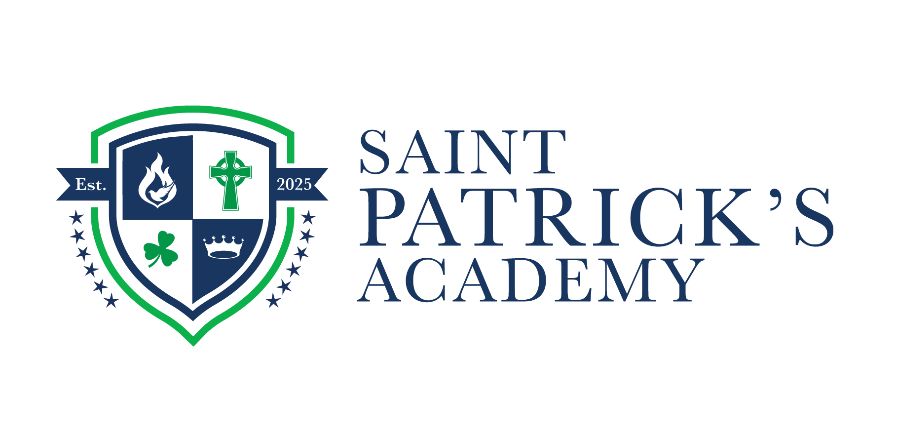 Saint Patrick's Academy logo: a shield with symbols and text, in blue and green.