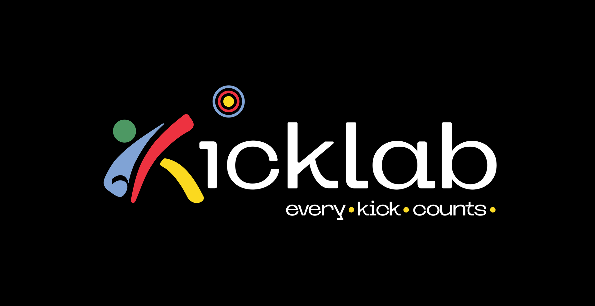 Kicklab logo on black background with colorful abstract figure and &ldquo;kicklab&rdquo; text, tagline &ldquo;every kick counts&rdquo;