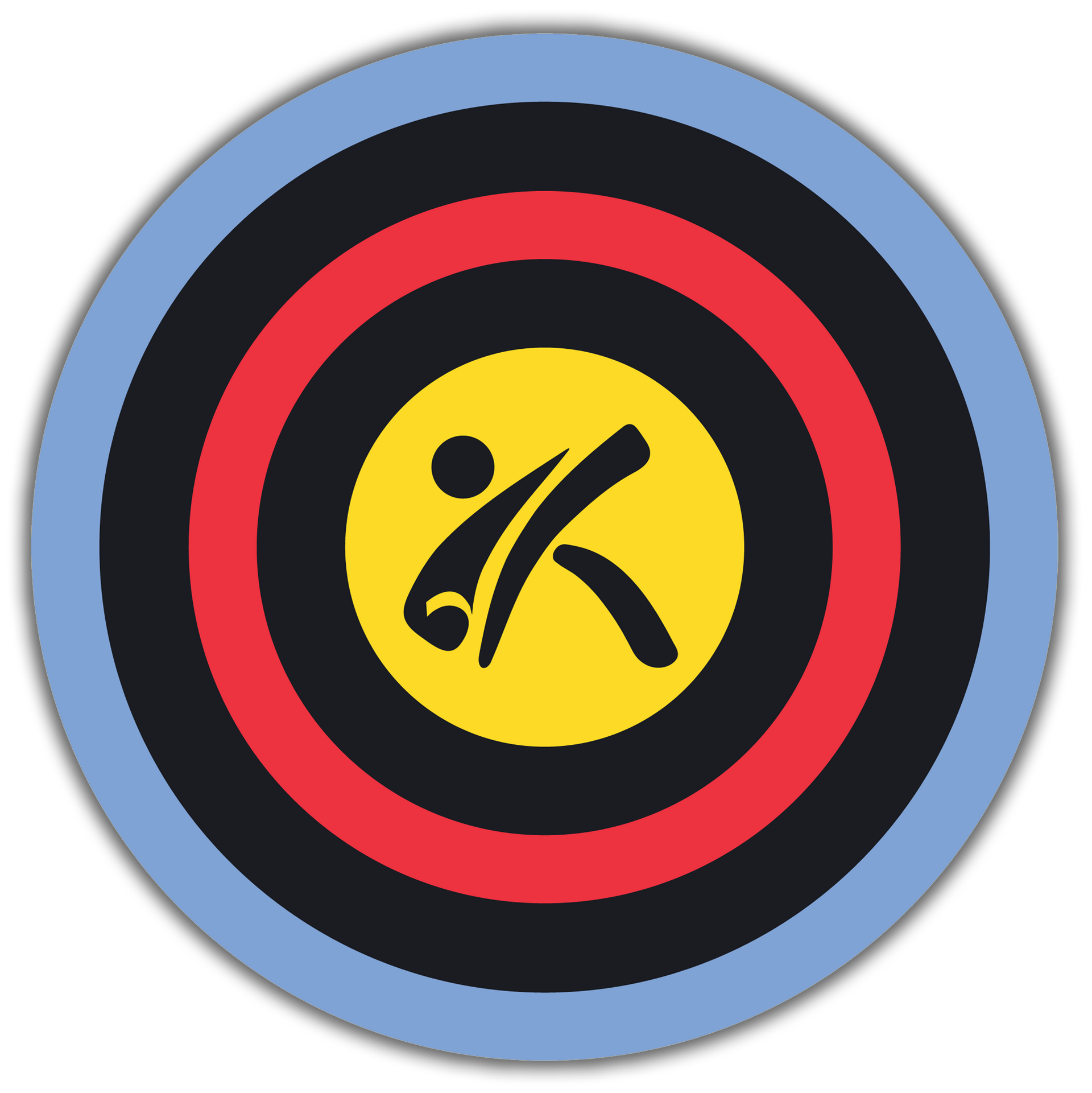 Circular target icon with blue, black, red, and yellow rings and a stylized black figure in the center