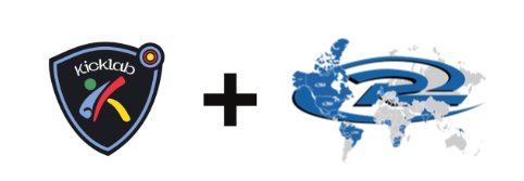 Kickclub logo plus blue world map with a stylized sports swoosh and figures