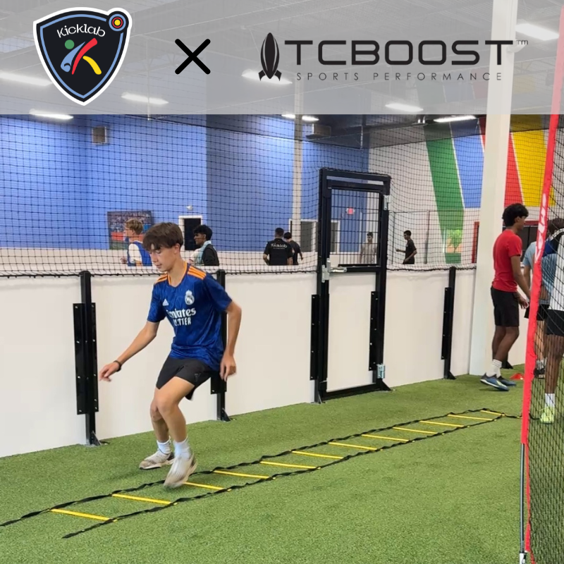 Athlete training with agility ladder on indoor turf, sponsored by Kicking X TCBOOST.