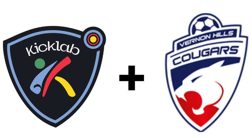 Kicklab logo plus Vernon Hills Cougars logo, separated by a plus sign