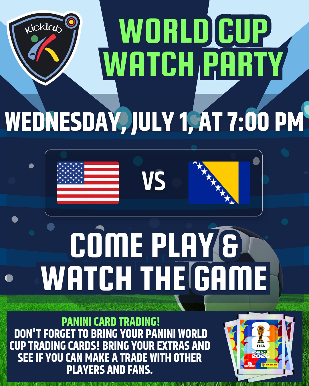 Champions League final watch party poster for PSG vs Arsenal, Saturday May 30, 11 am–1 pm; open play, food and drinks.