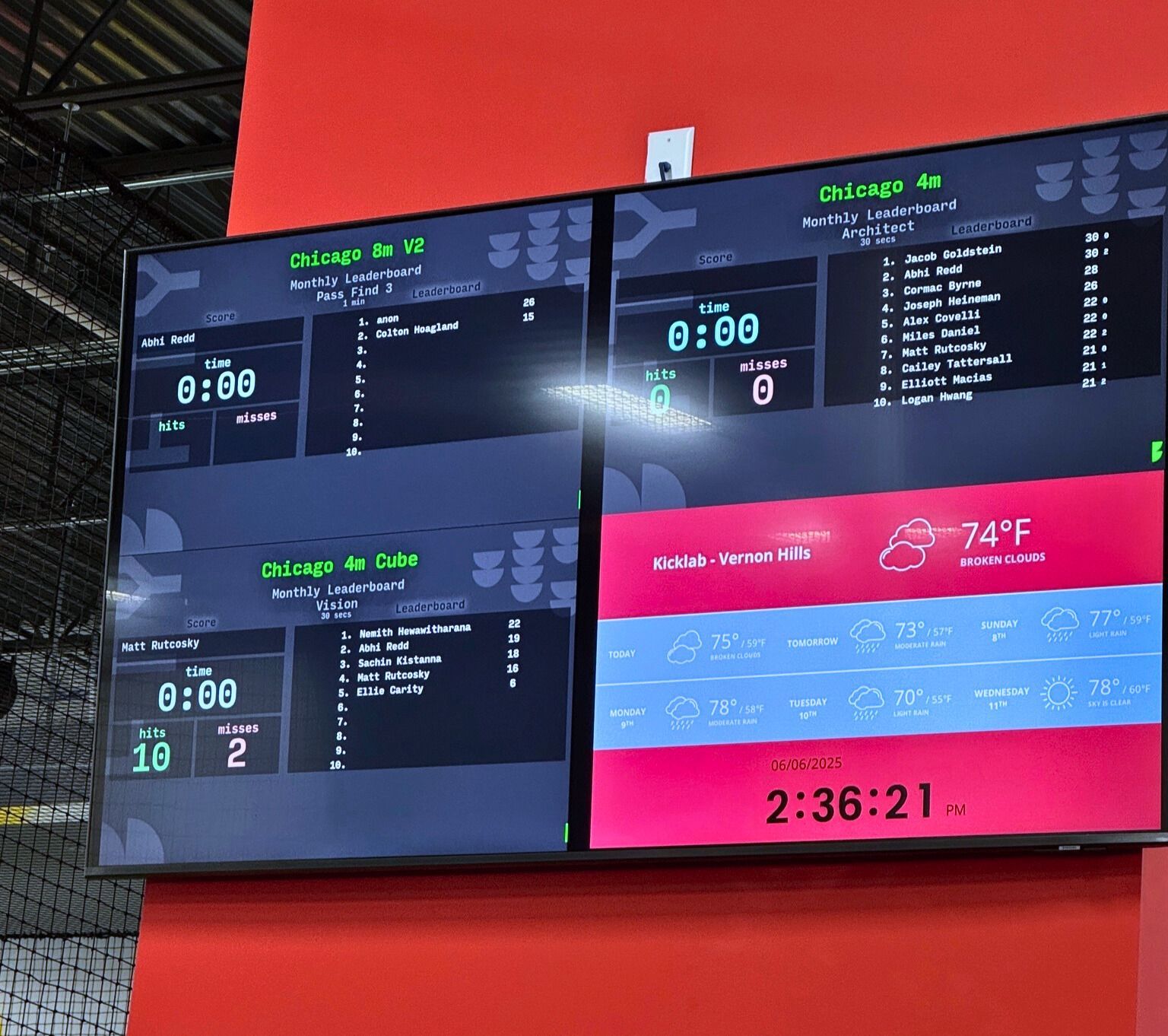 Indoor sports scoreboard and timer display with green, white, and pink panels showing scores and match details.