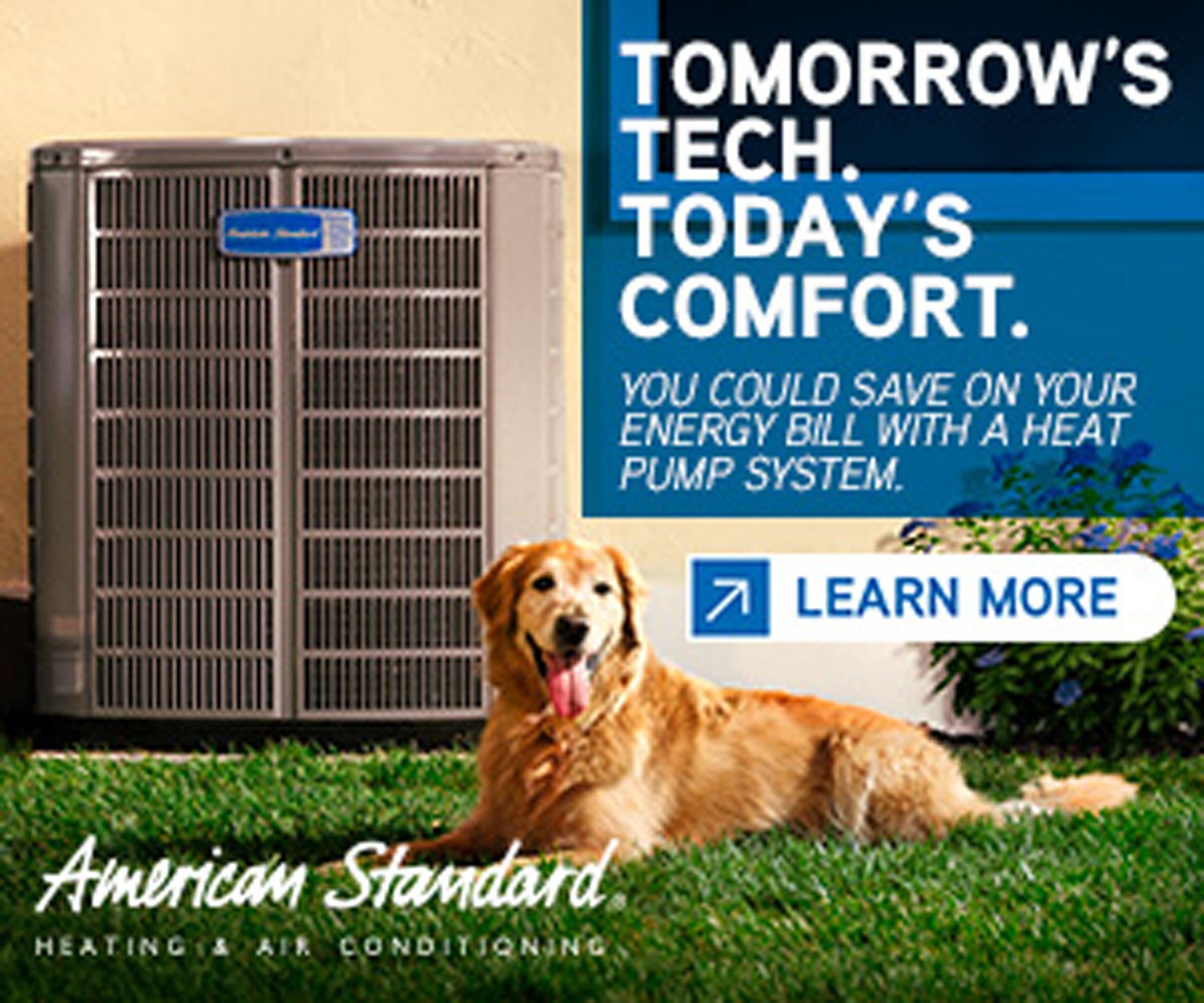 American Standard heat pump with a golden retriever on grass;