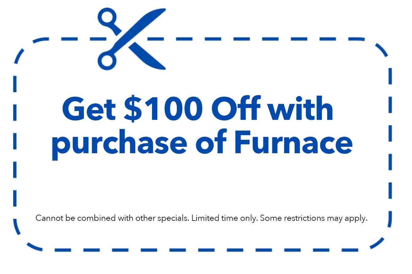Coupon: Get $100 off with the purchase of a furnace. Blue and white. Scissors graphic.